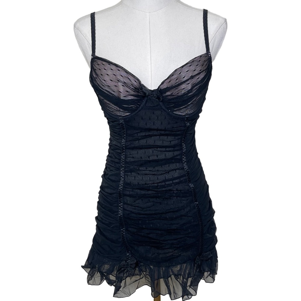 Victoria's Secret Sexy Little Things Women 36C Black‎ Mesh Ruched Slip Dress Y2K